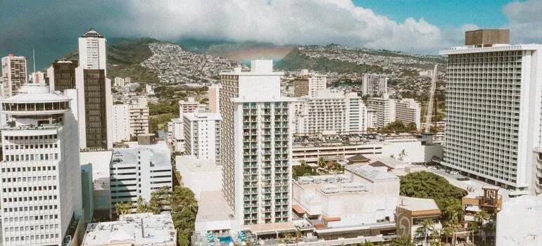 White buildings under a blue sky