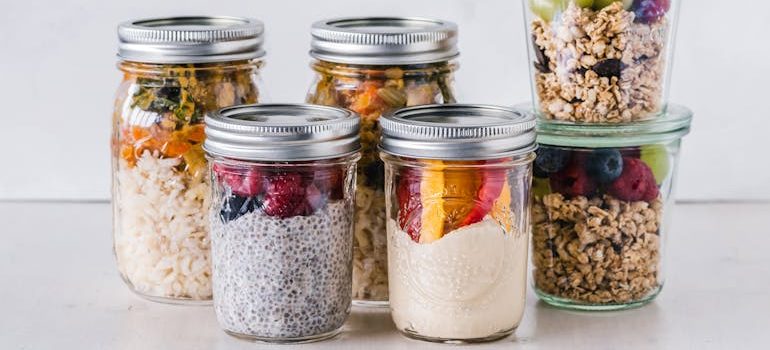 Six Fruit Cereals in Clear Glass Mason Jars