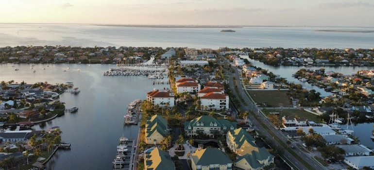 High Angle View of a City Suburbs and Sea