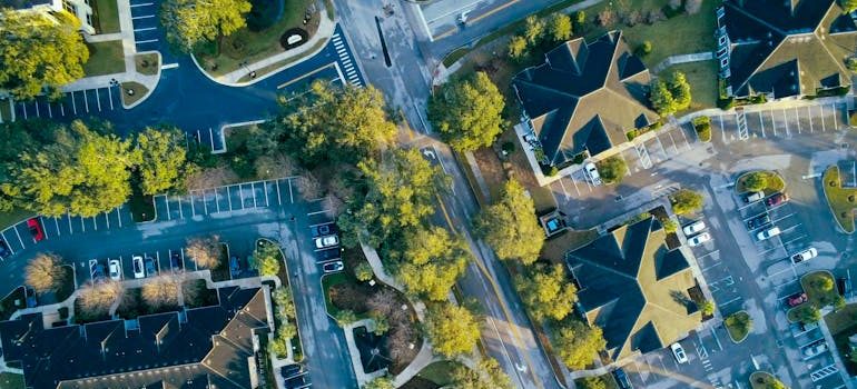 Birds Eye View of Streets and Buildings in Town